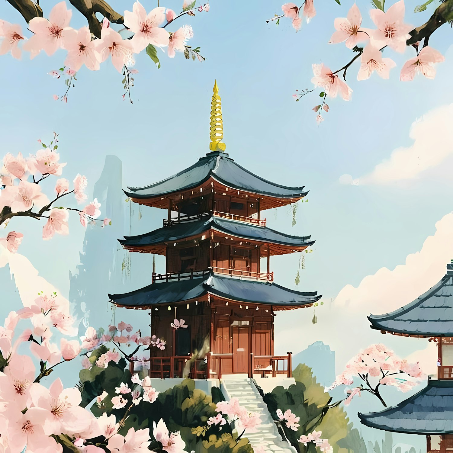 Serene Japanese Pagoda with Cherry Blossoms