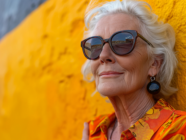 Joyful Elderly Lady with Stylish Sunglasses Against Yellow Wall