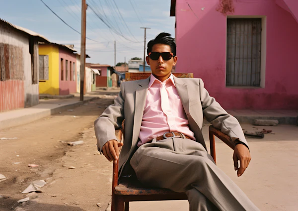 Confident Young Man in Gray Suit on a Rustic Sunlit Street