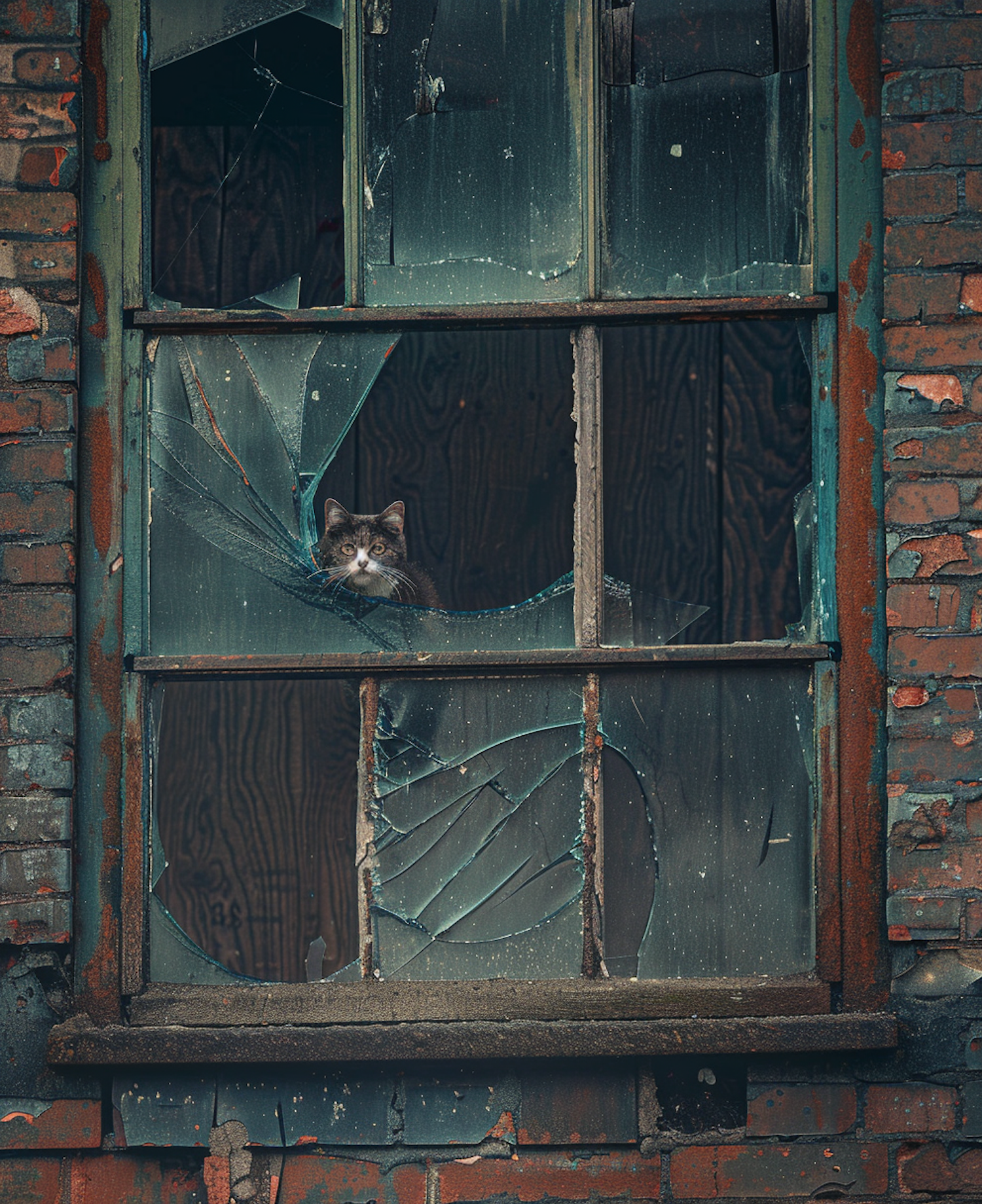 Portrait of Resilience: Cat in a Ruined Window