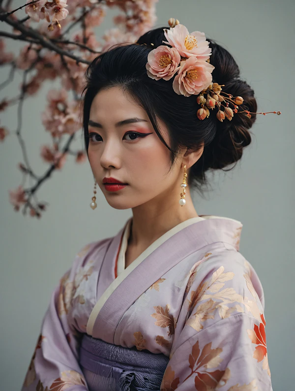 Woman in Traditional Kimono with Cherry Blossoms
