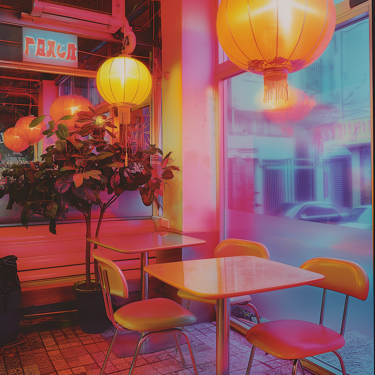 Colorful Lantern-Lit Cafe Interior at Twilight