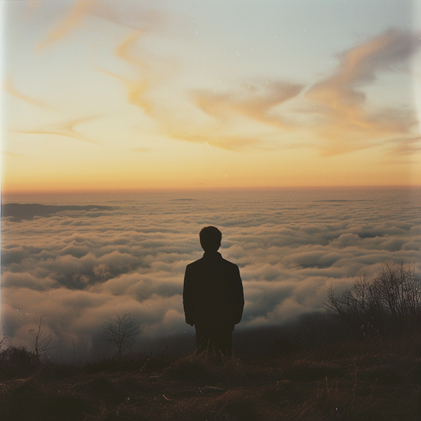 Solitary Figure Against Sunrise Over Cloud Sea