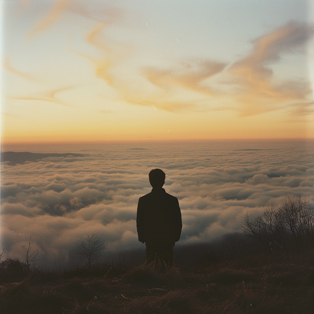 Solitary Figure Against Sunrise Over Cloud Sea