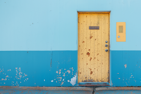 Aged Yellow Door Against Dual-Toned Blue Wall