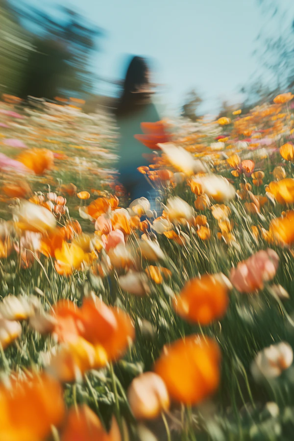 Vibrant Flower Field with Blurred Figure