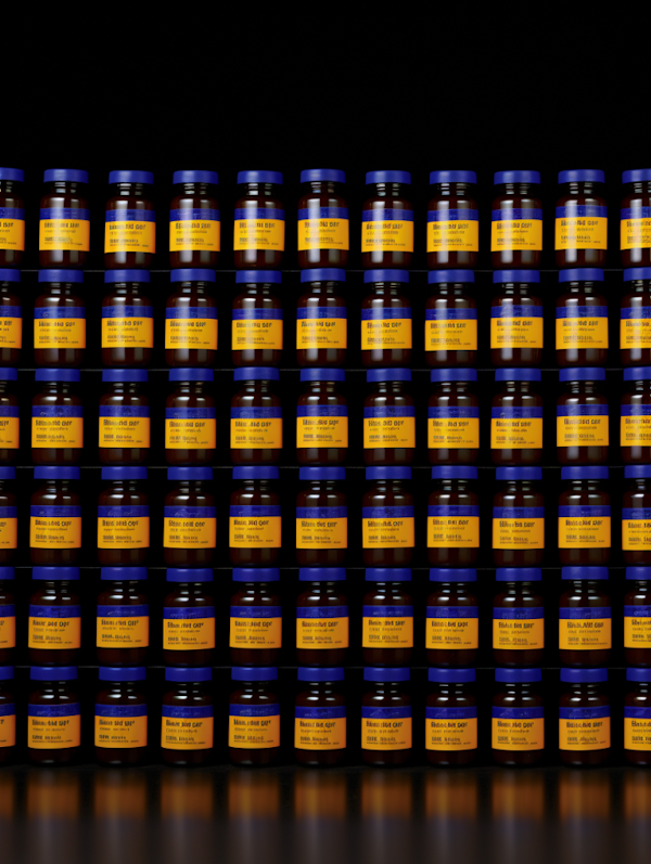 Endless Array of Amber Glass Cylinders with Blue Caps