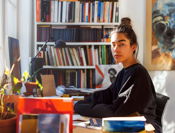 Calm East Asian Woman in Cozy Work Environment