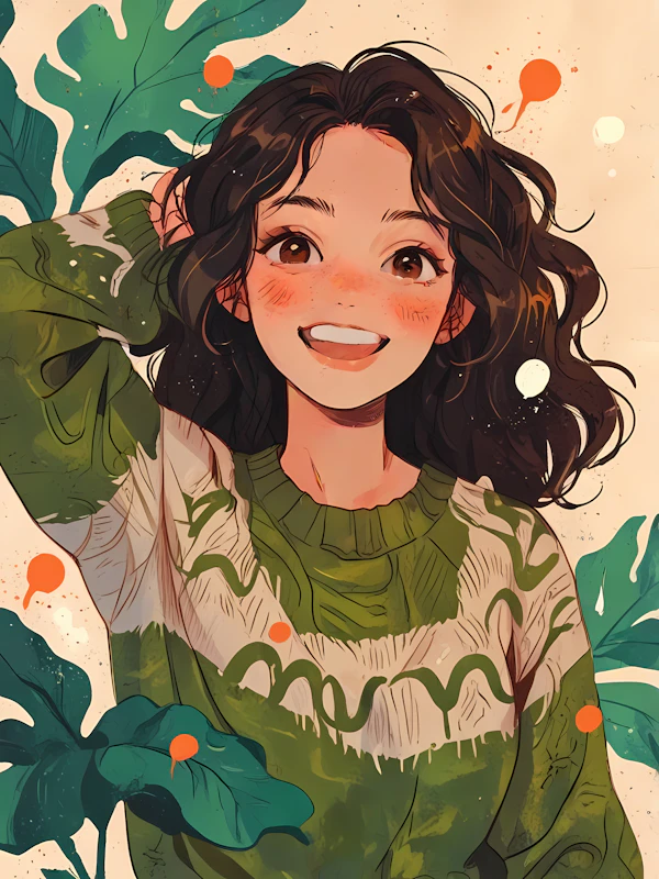 Joyful Woman in Green Sweater