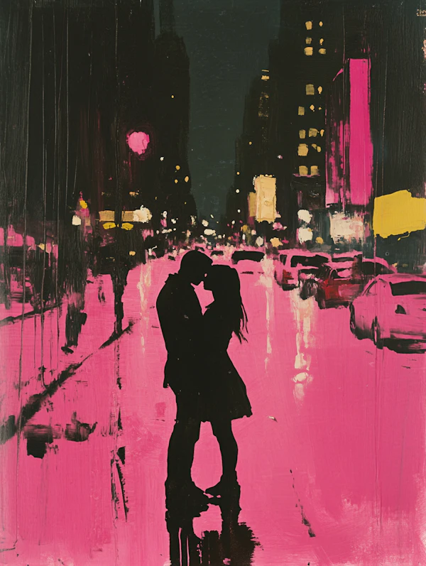 Silhouette of a Couple Embracing in City Street at Night