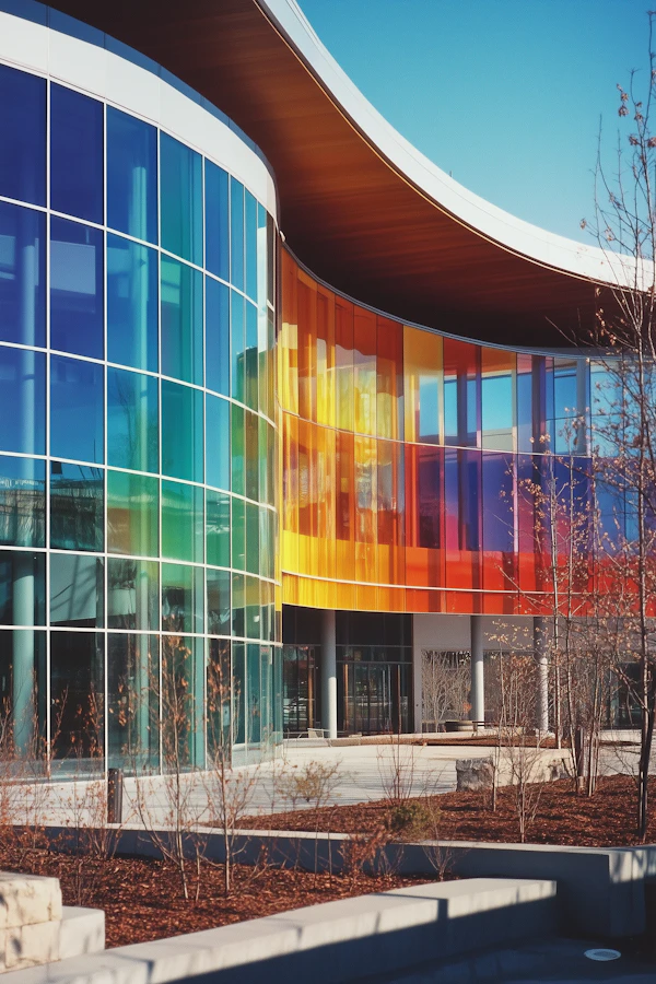 Modern Architectural Structure with Colorful Glass Facade