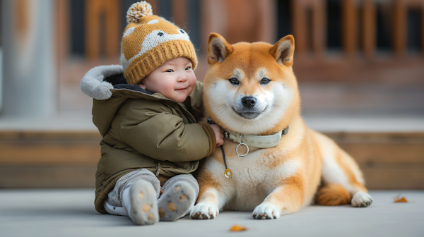 Toddler Hugging Shiba Inu in Autumn