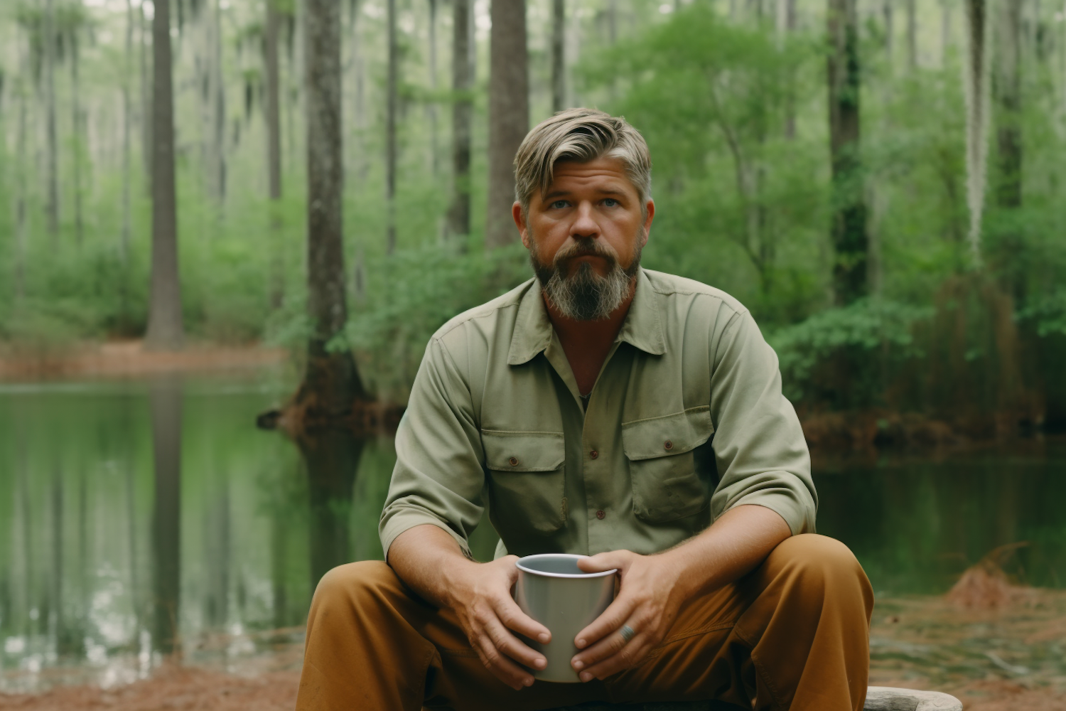 Contemplative Woodsman by the Lake