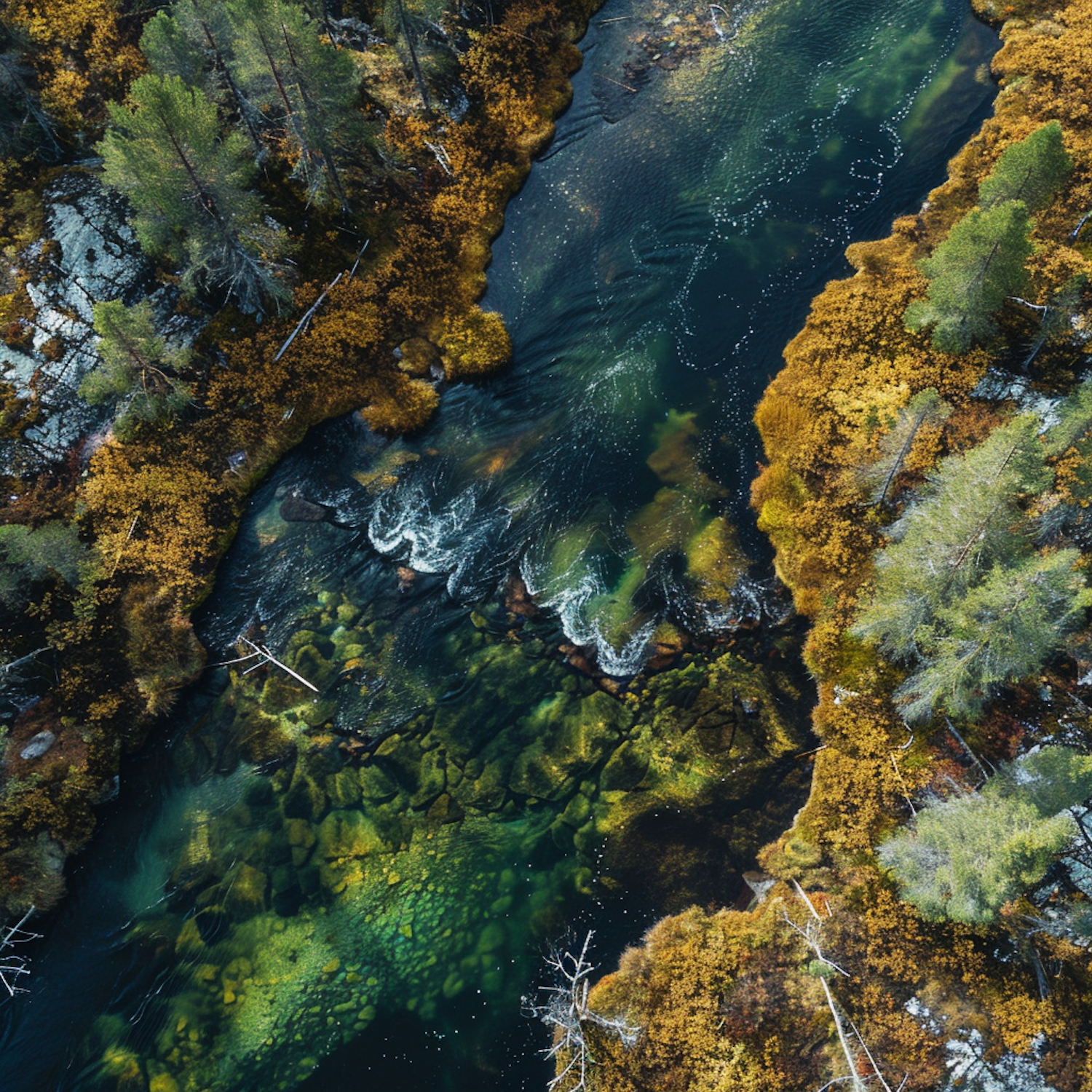 Aerial View of Meandering River in Autumn