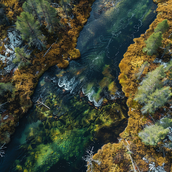 Aerial View of Meandering River in Autumn