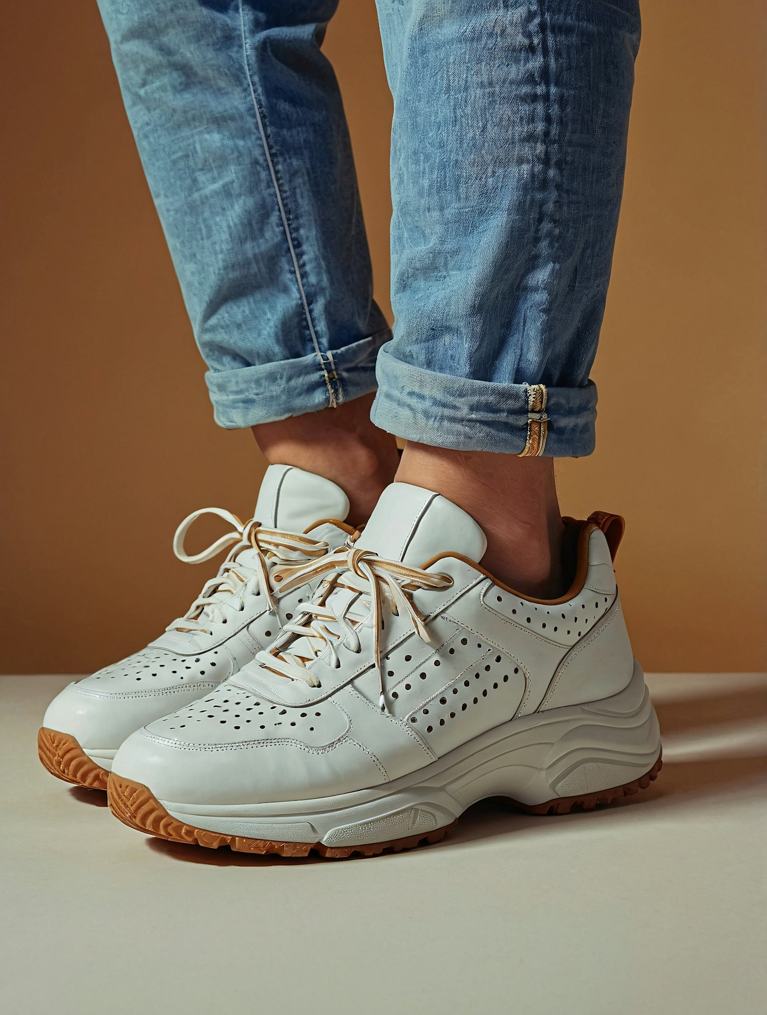 Close-up of White Sneakers with Brown Soles