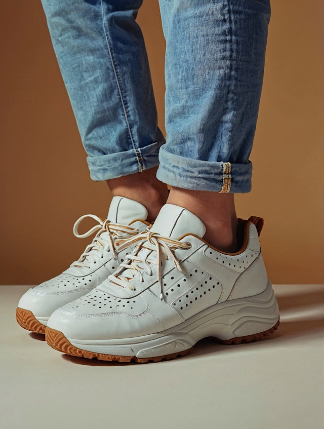 Close-up of White Sneakers with Brown Soles