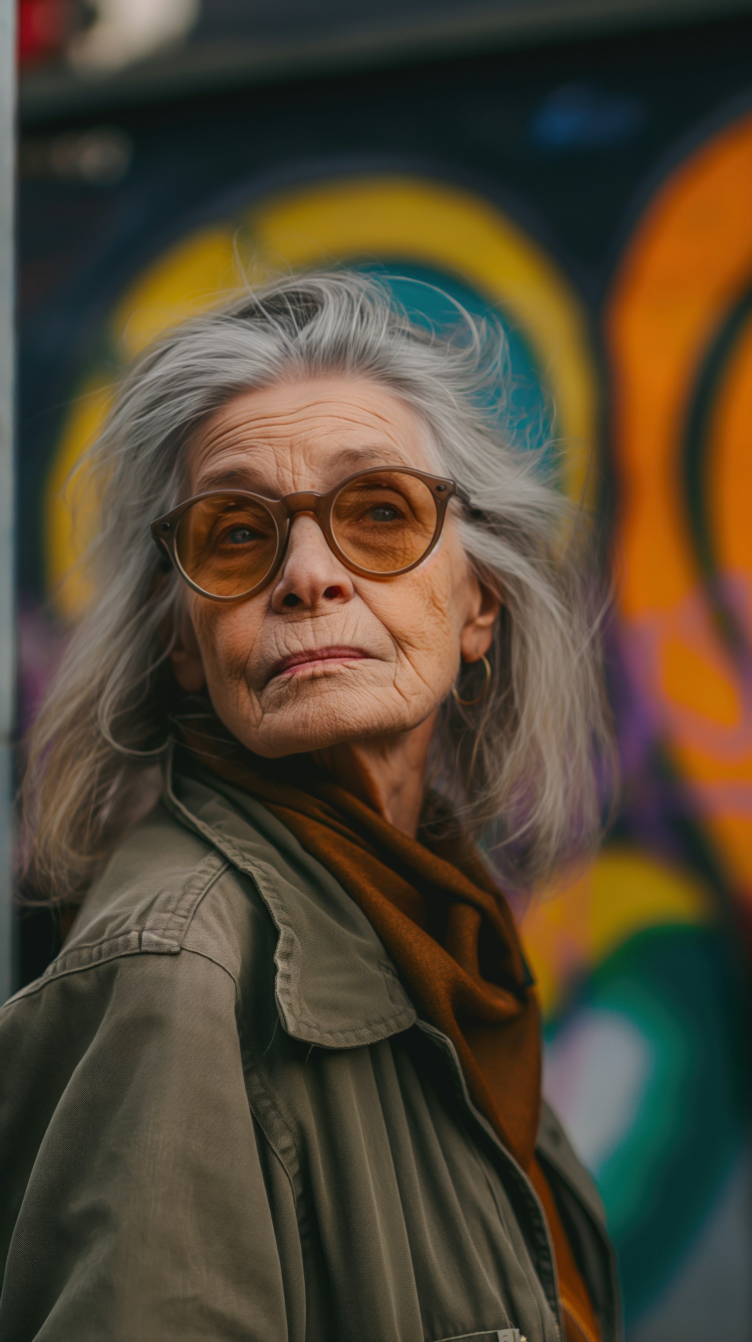 Contemplative Elderly Woman with Graffiti Backdrop