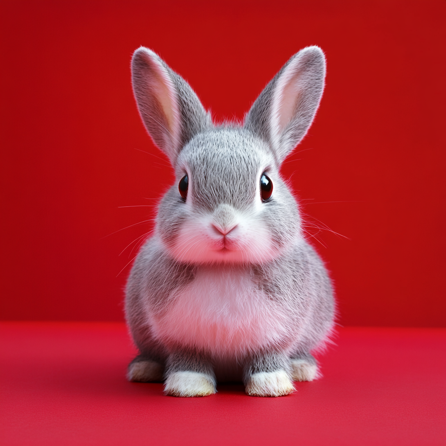 Fluffy Gray Rabbit on Red Background