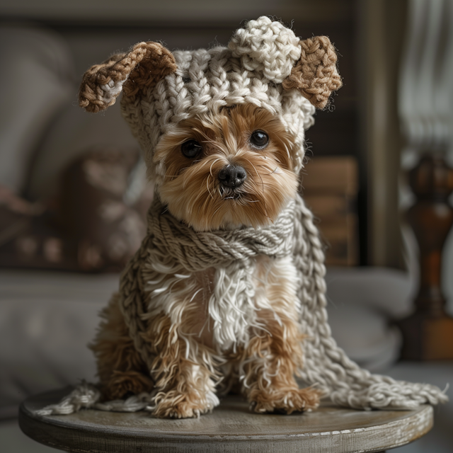 Adorable Yorkshire Terrier in Knitted Lamb Outfit