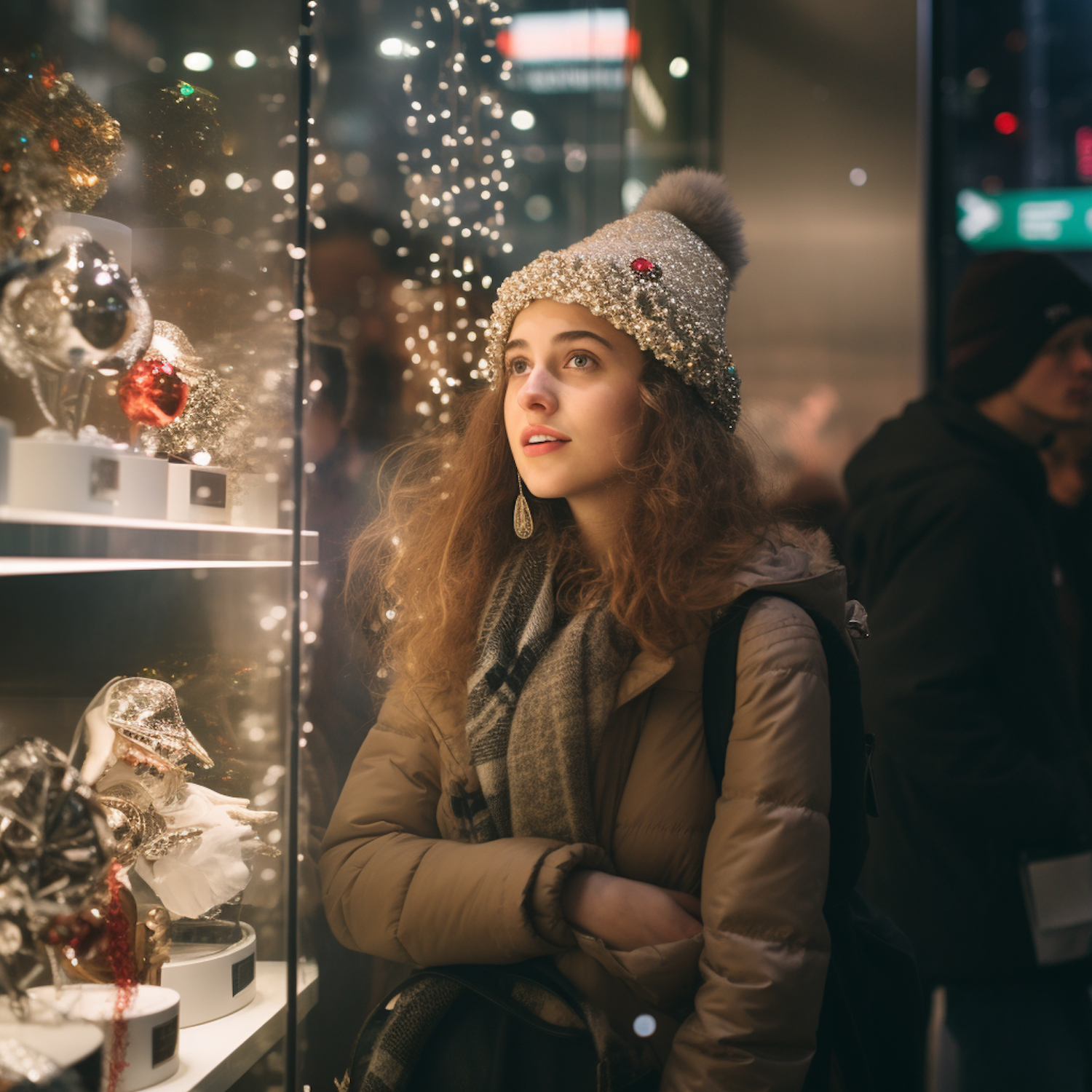 Contemplative Winter Shopper in Golden Light