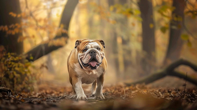 Bulldog in Autumn Forest