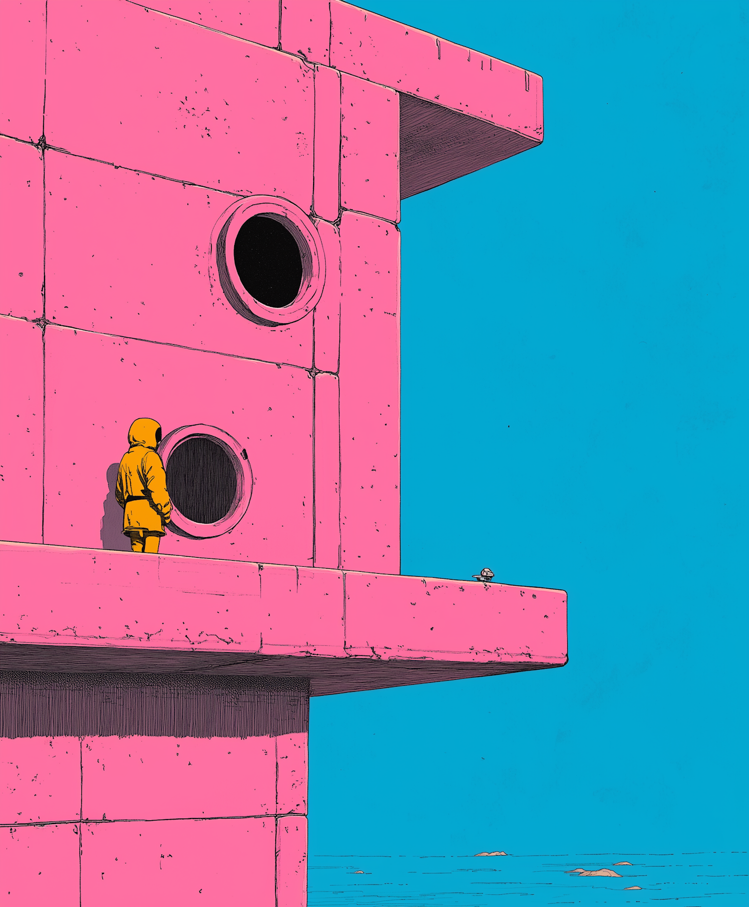 Person in Yellow Coat on Pink Structure