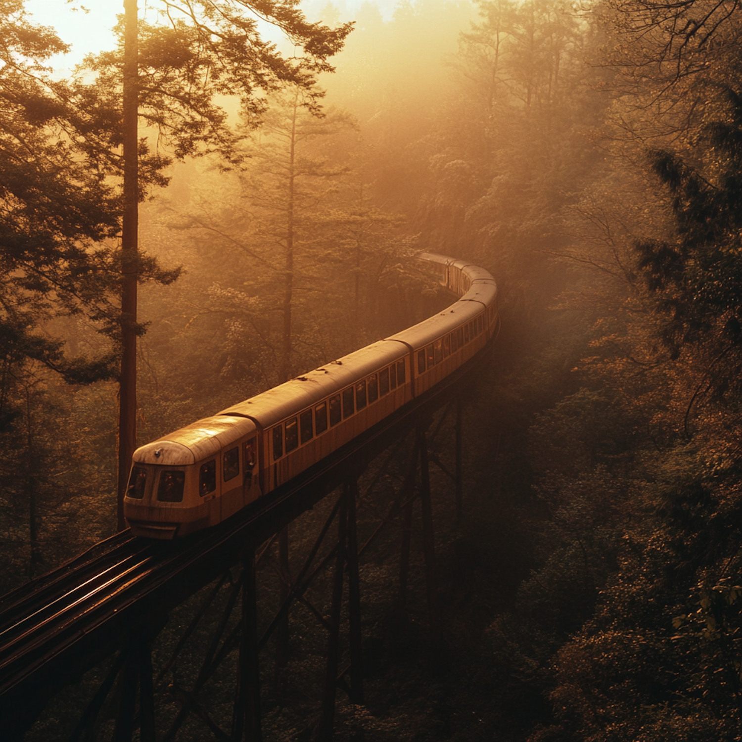 Train Journey Through Sunlit Forest