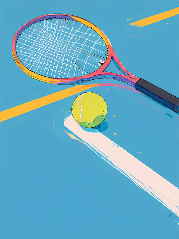 Tennis Racket and Ball on Blue Court