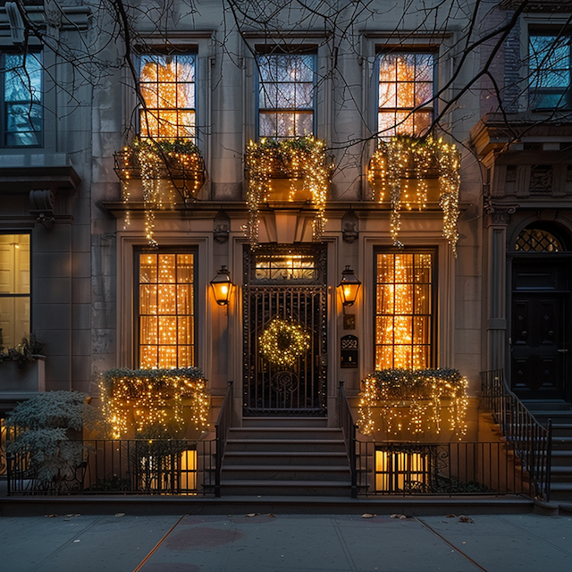 Festive Urban Building Facade at Twilight