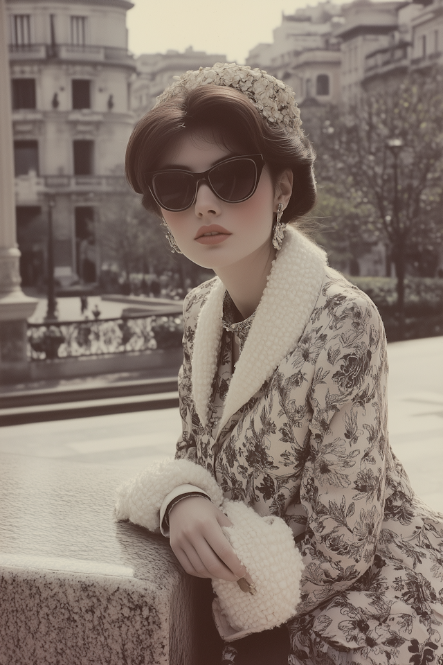 Stylish Woman in Vintage Floral Coat