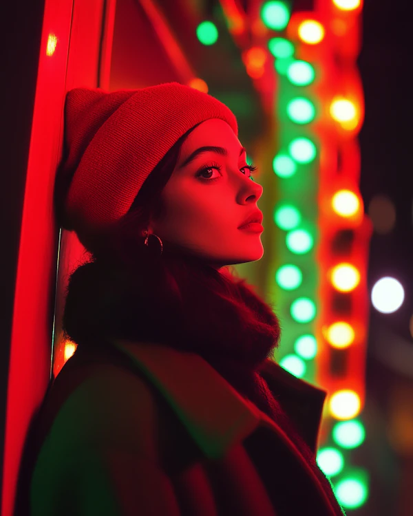 Contemplative Woman in Neon Lights