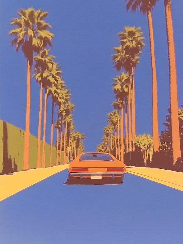 Classic Car on Palm-Lined Road