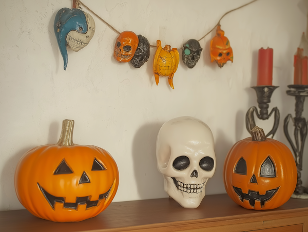 Halloween Arrangement with Jack-o'-lanterns and Skull