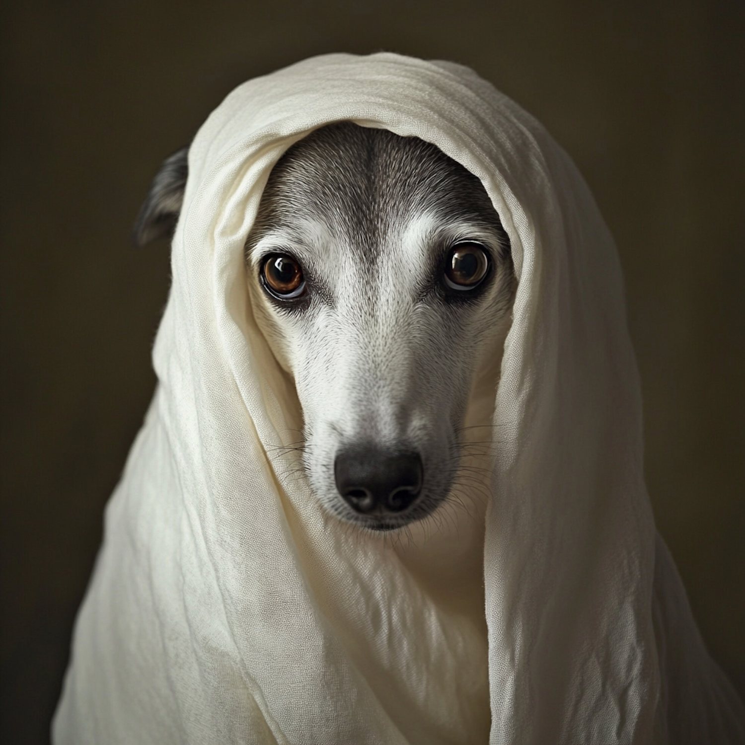 Expressive Dog in White Fabric