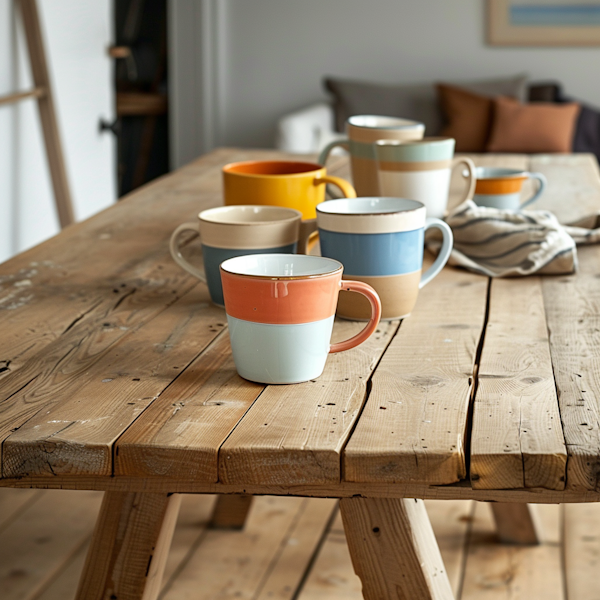 Colorful Homey Mugs on Rustic Wooden Table