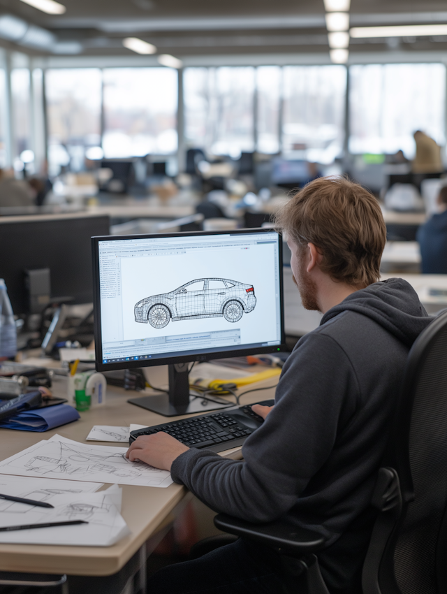 Office Worker Designing Car Wireframe