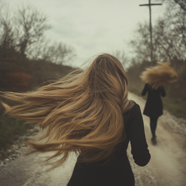 Two Women with Long Hair Walking on a Path