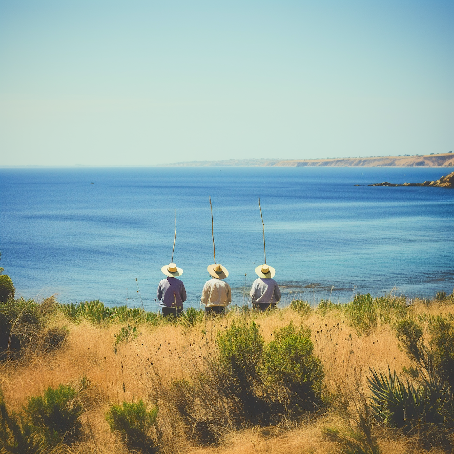 Tranquil Trio Fishing by the Sea