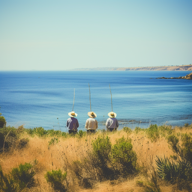 Tranquil Trio Fishing by the Sea