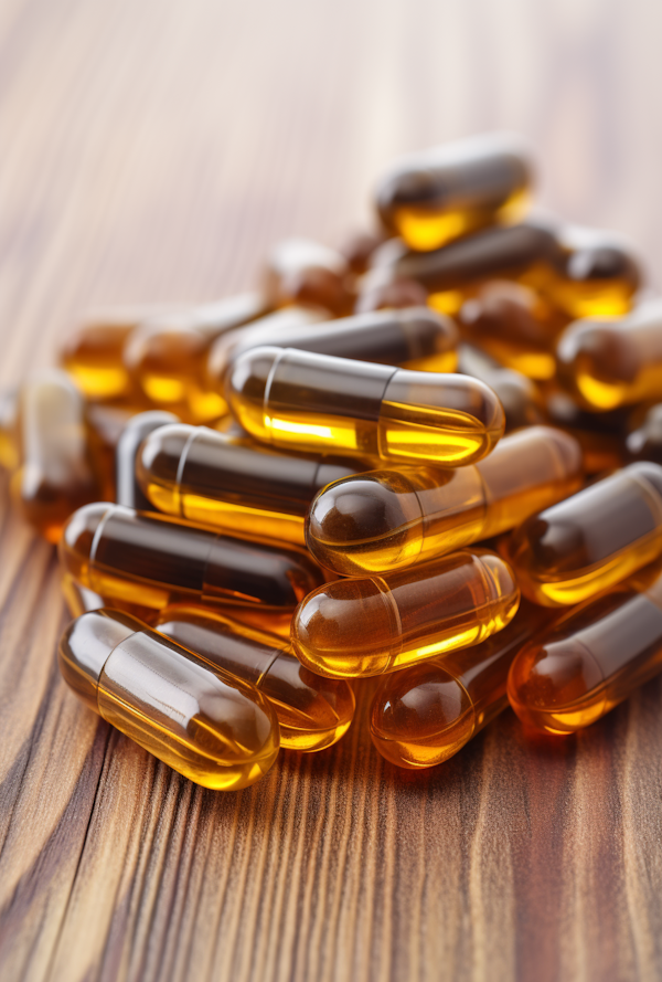 Golden Oil Capsules on Wooden Background