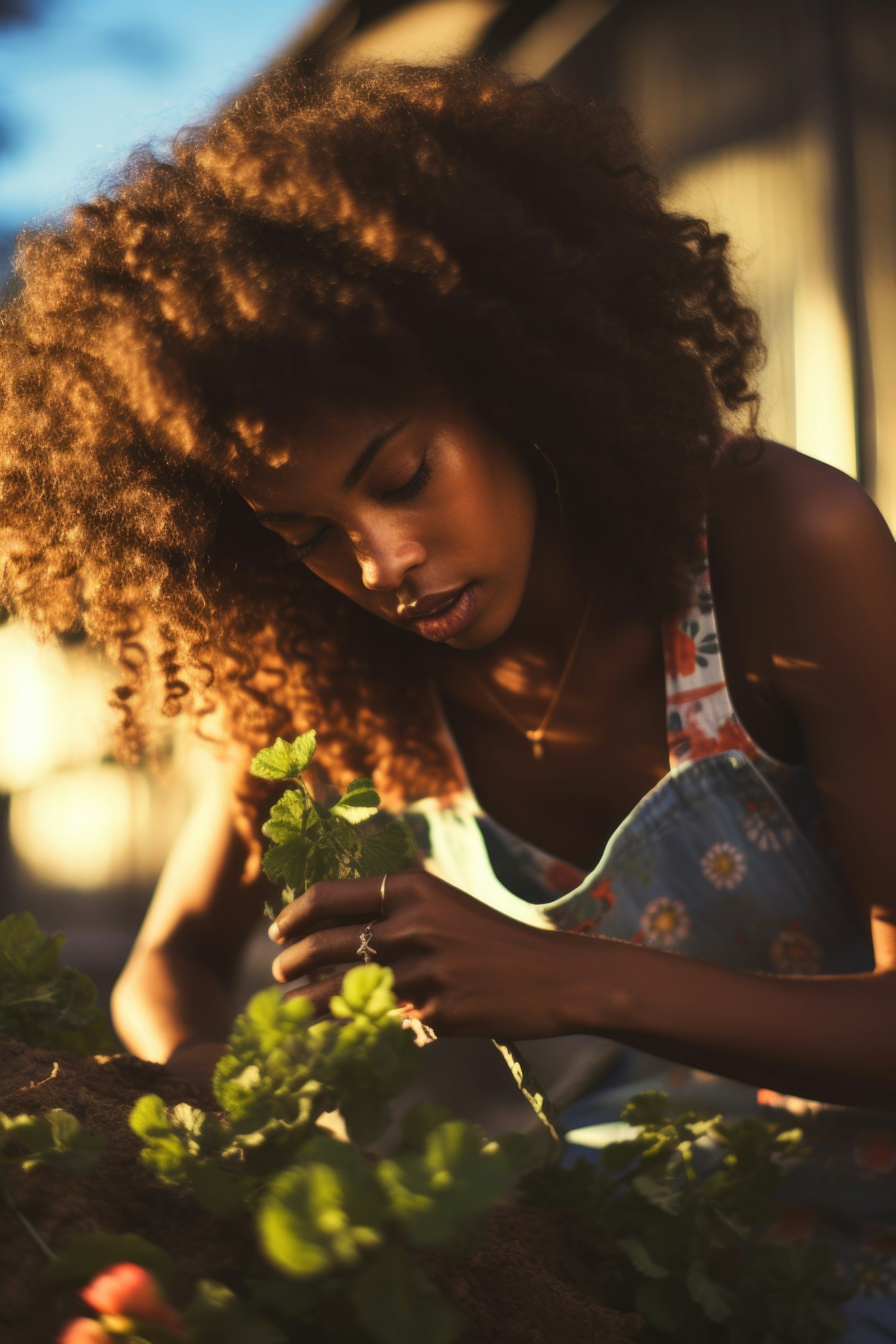 Woman Gardening at Golden Hour