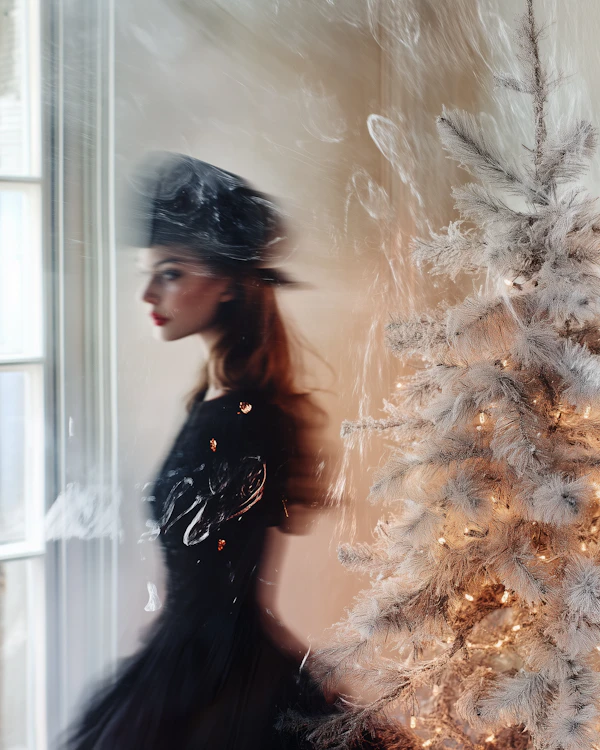 Woman in Motion with Christmas Tree