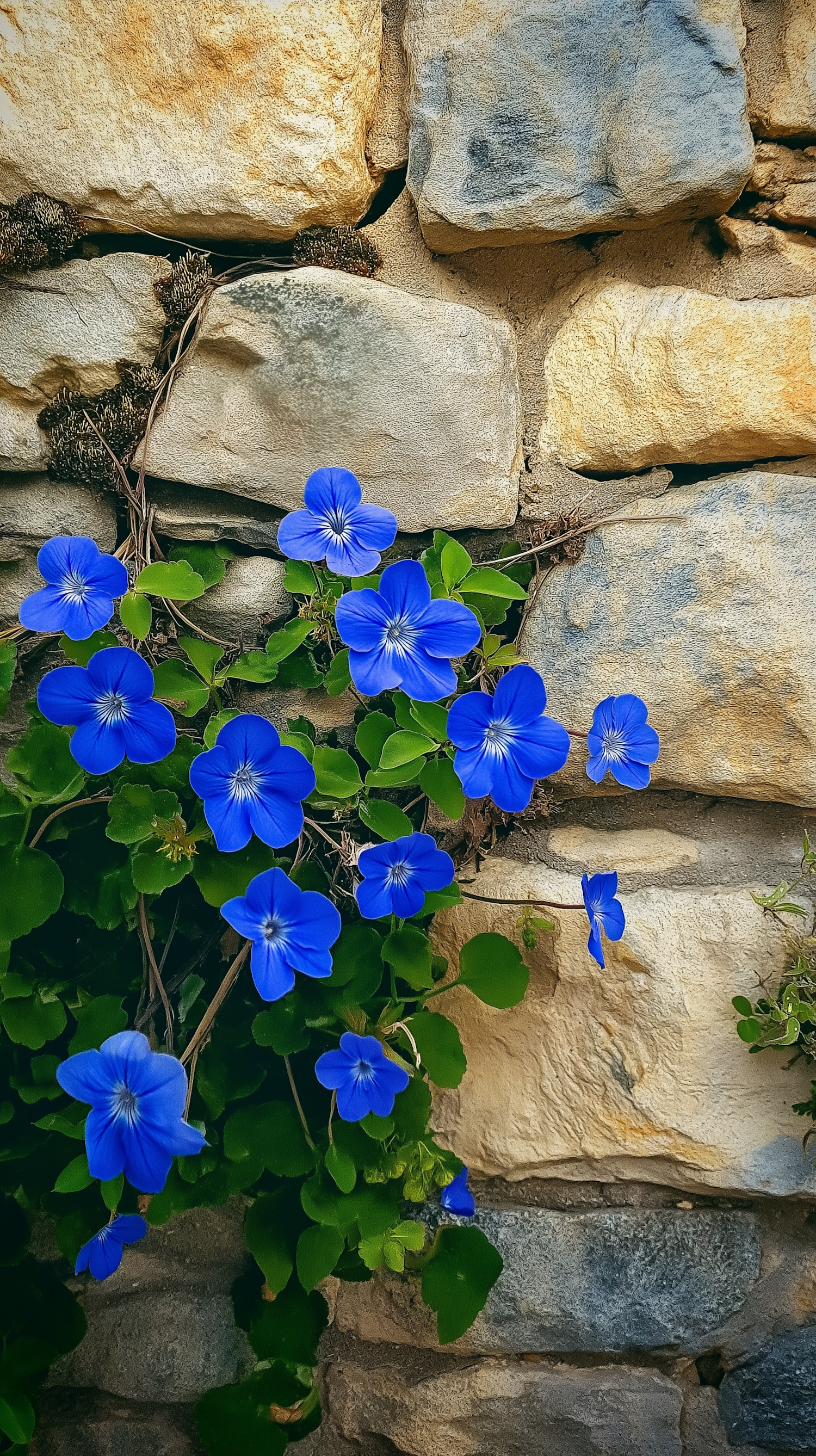 Vibrant Blue Pansies in Stone Wall