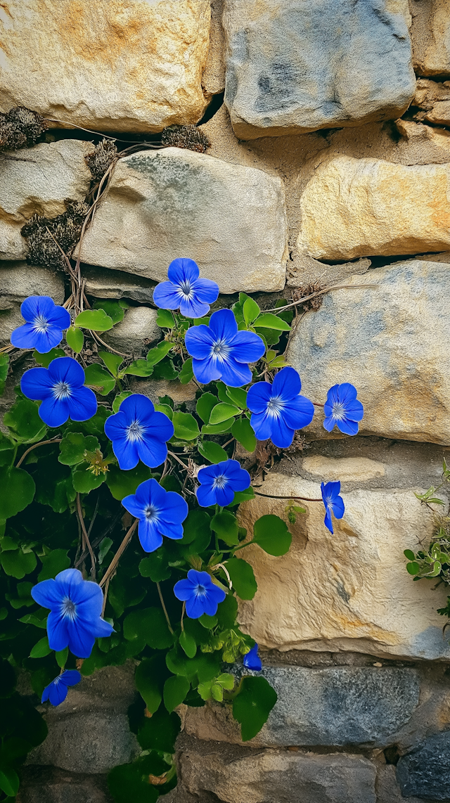 Vibrant Blue Pansies in Stone Wall