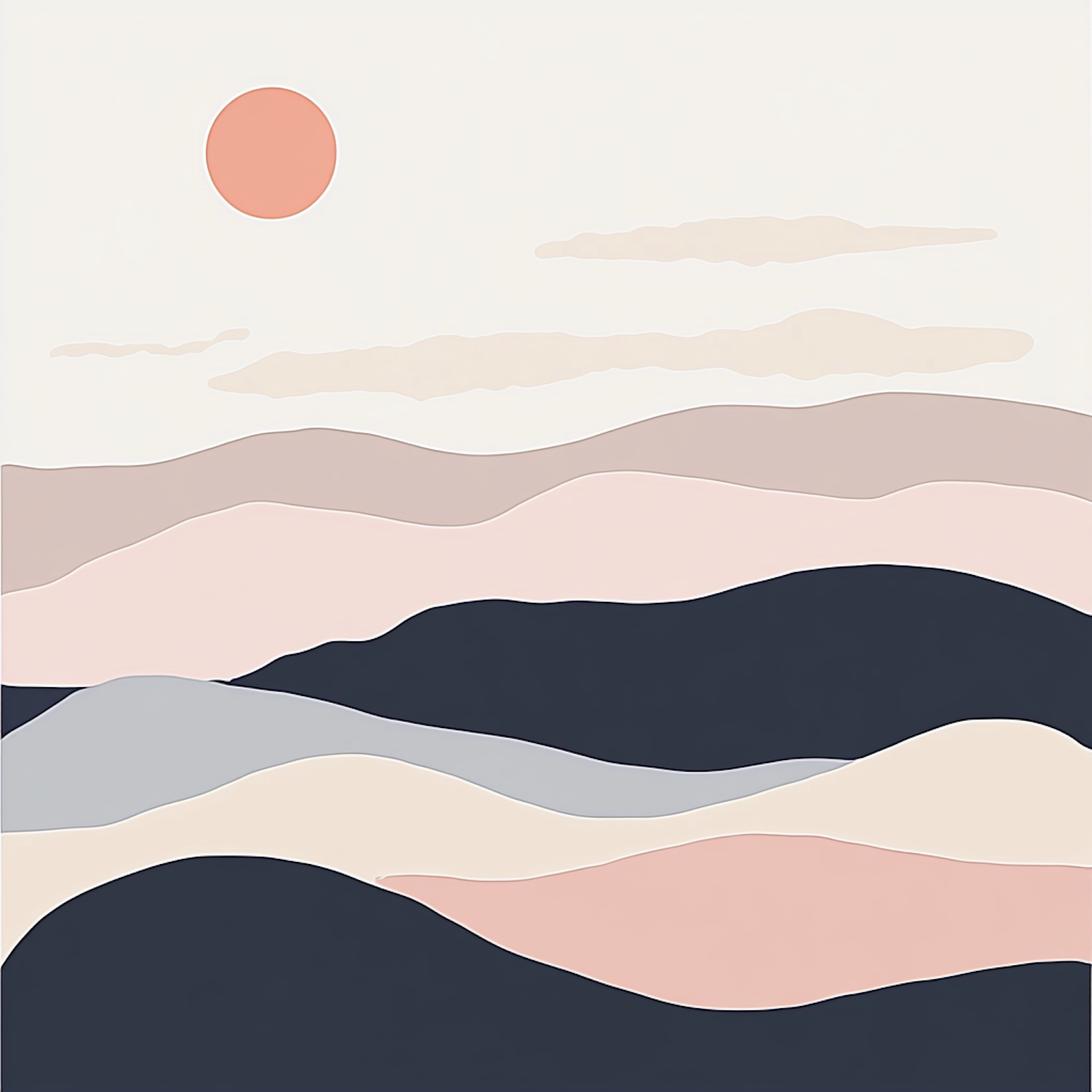 Minimalist Landscape with Hills and Sun