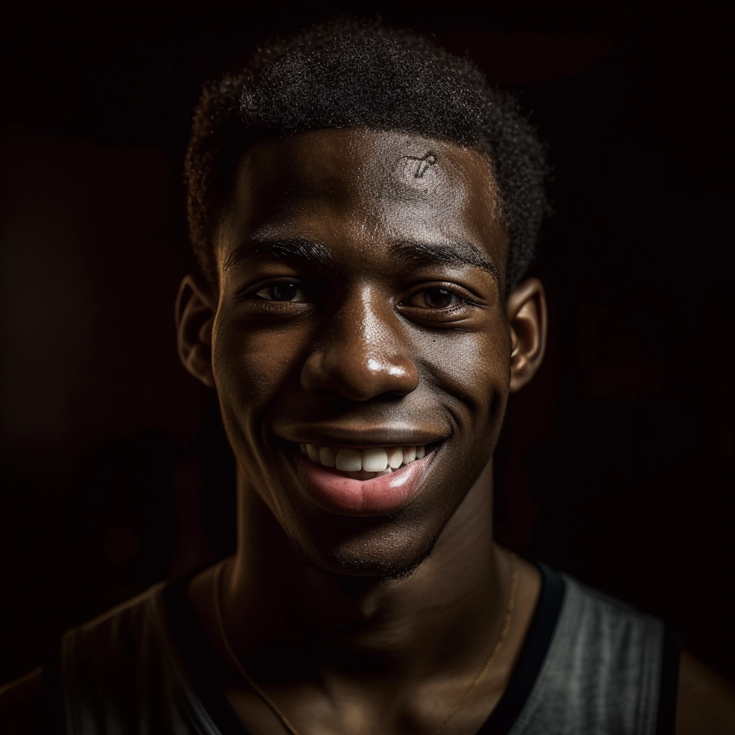 Smiling young Black man with short curly hair against a dark background