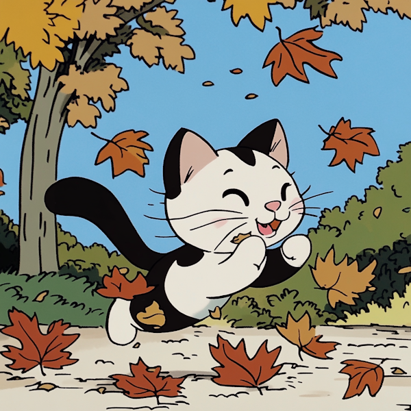 Joyful Cartoon Cat in Autumn