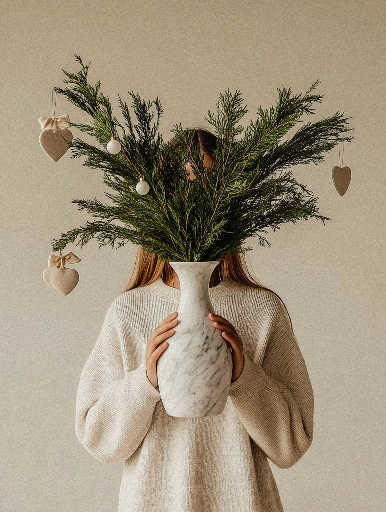 Person with Marble Vase and Foliage