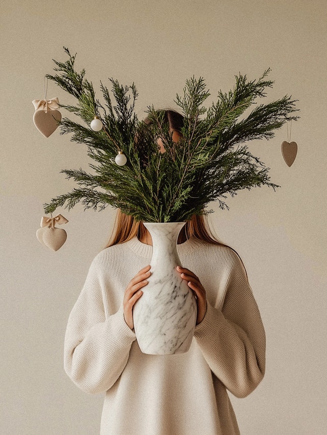 Person with Marble Vase and Foliage